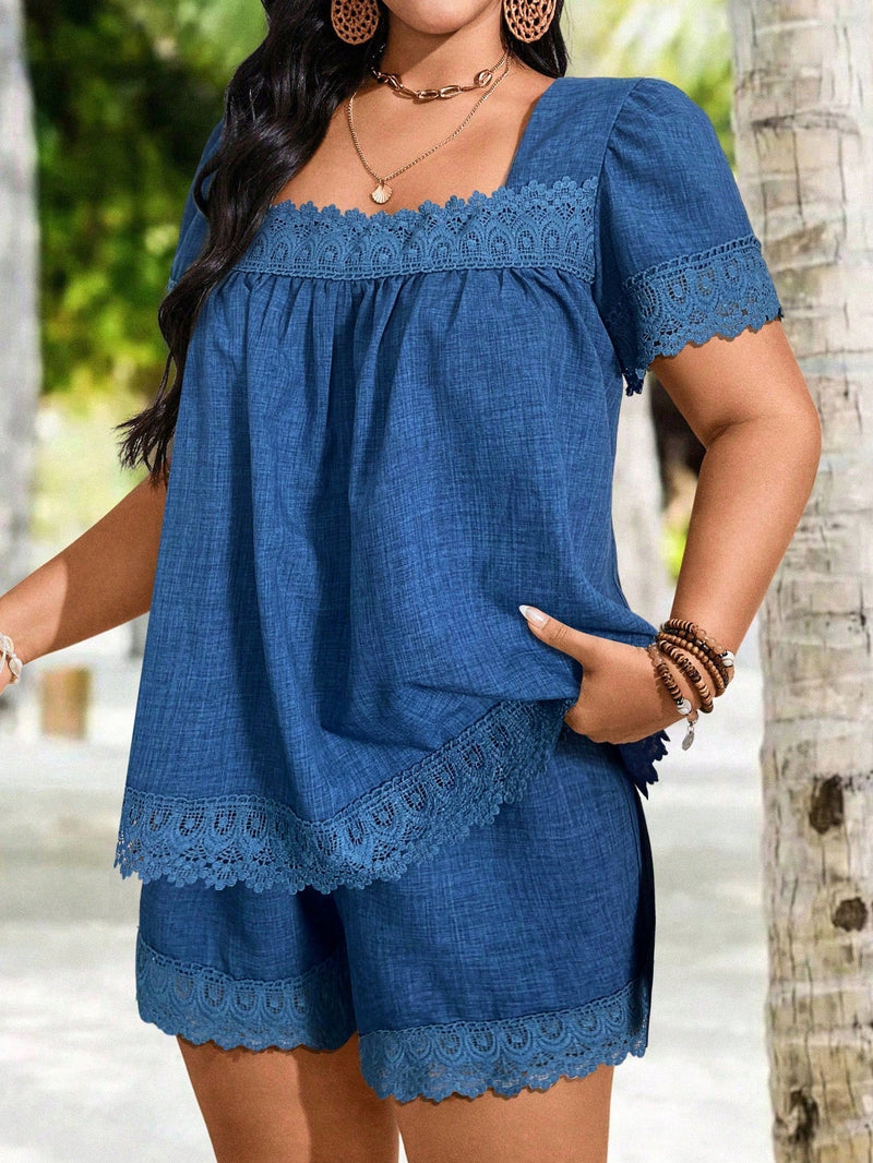 Conjunto blusa e bermuda com detalhes de renda Alida