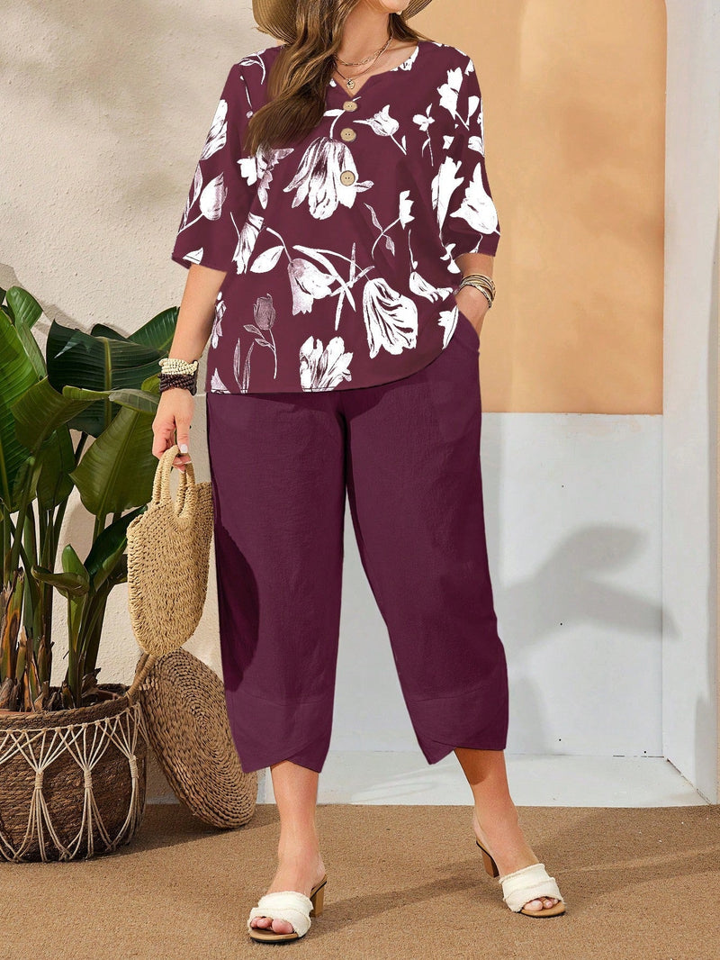 Conjunto Camisa com Estampa Floral e Calça Cropped Ivone