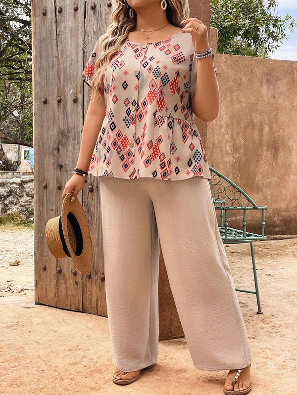 Conjunto Gola Redonda e Calça de Cor Sólida Gabs