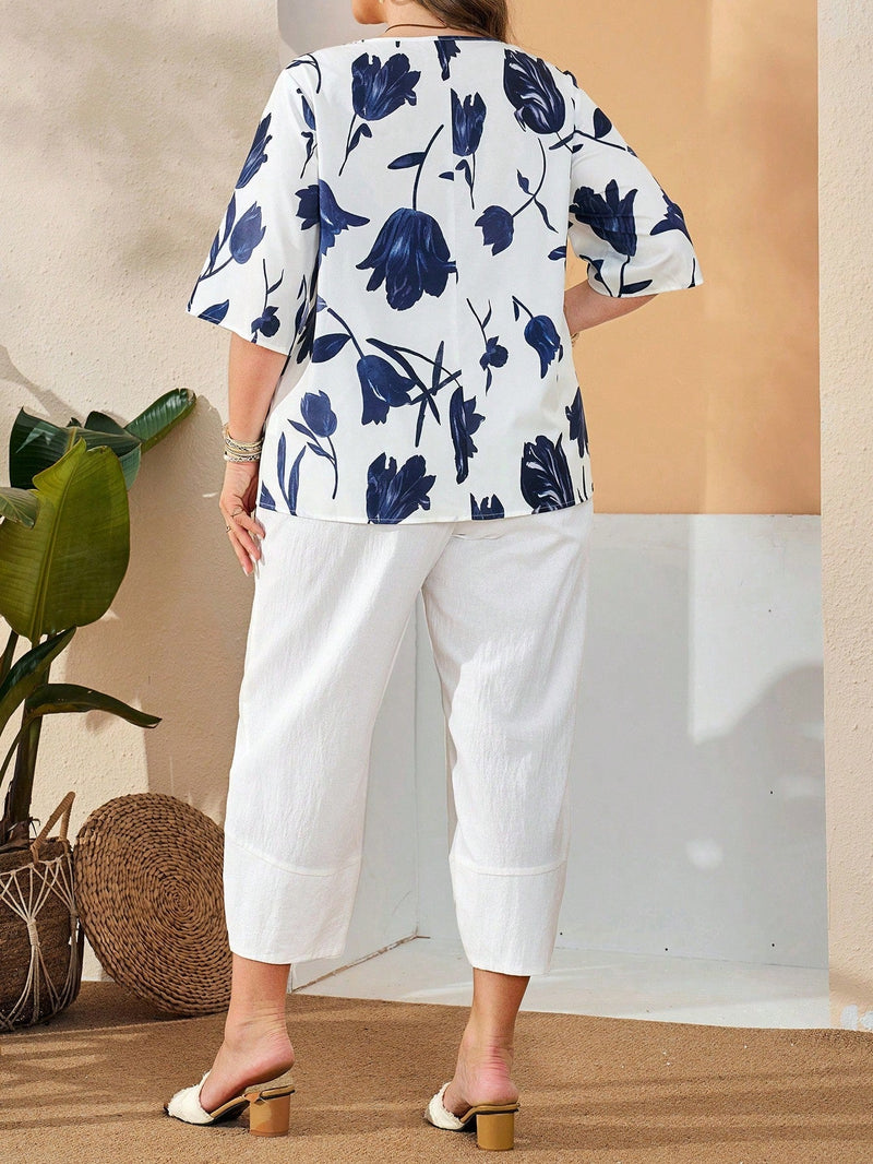 Conjunto Camisa com Estampa Floral e Calça Cropped Ivone